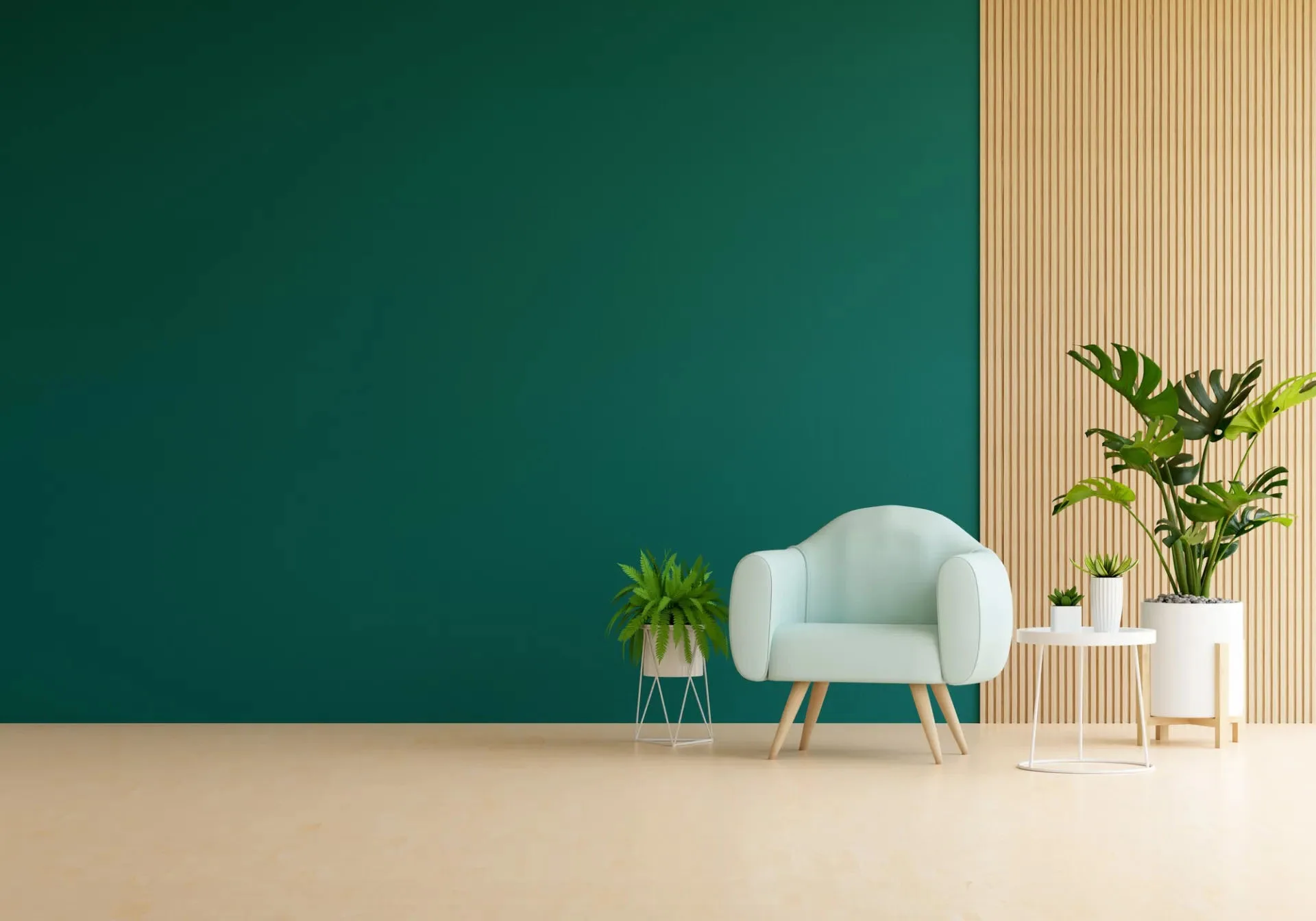 Green Wall and White Sofa